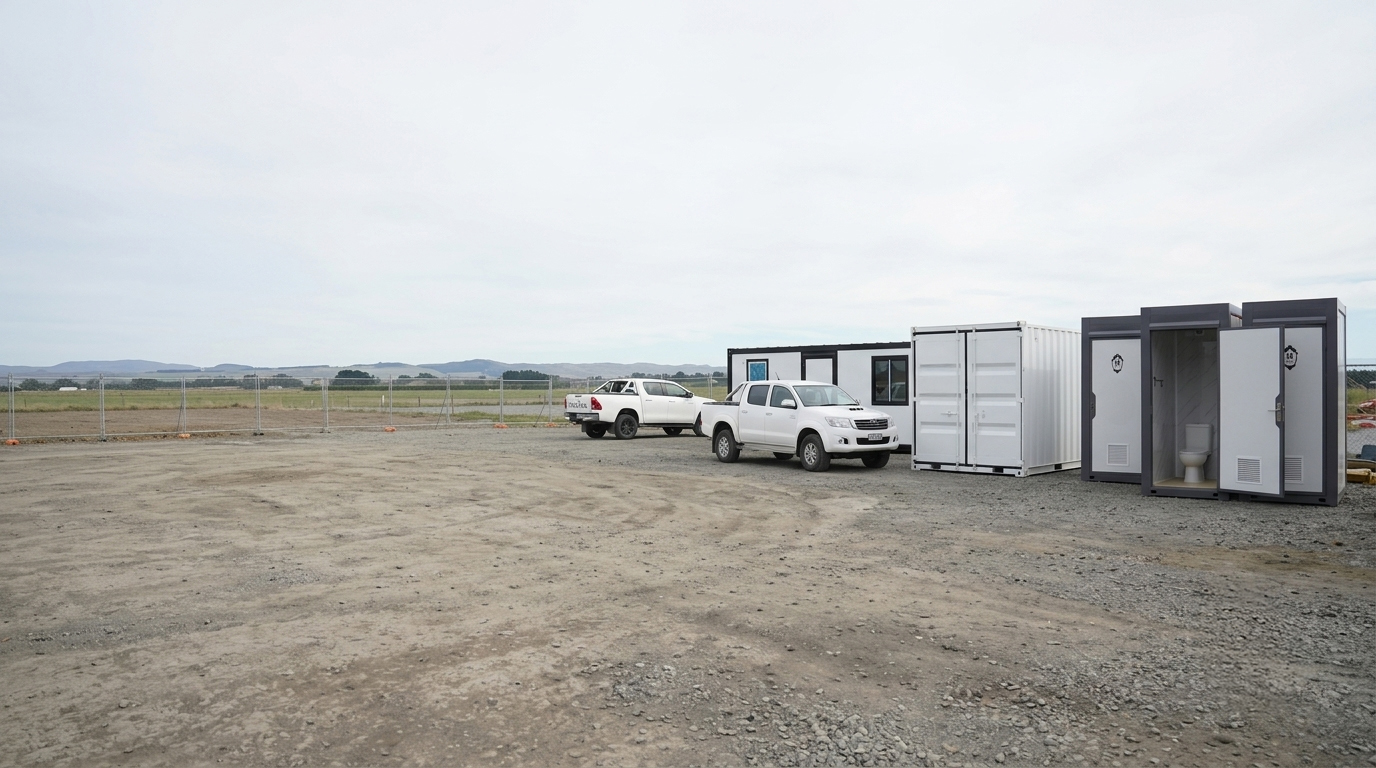 Portable toilet and shower cabin on an NZ worksite at golden hour