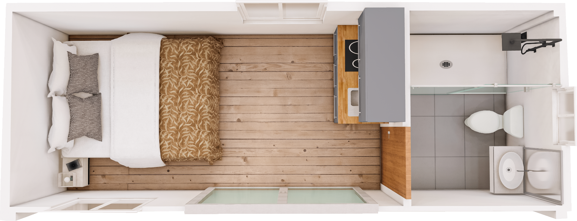 Lounge & Bathroom floor plan — top-down 3D view